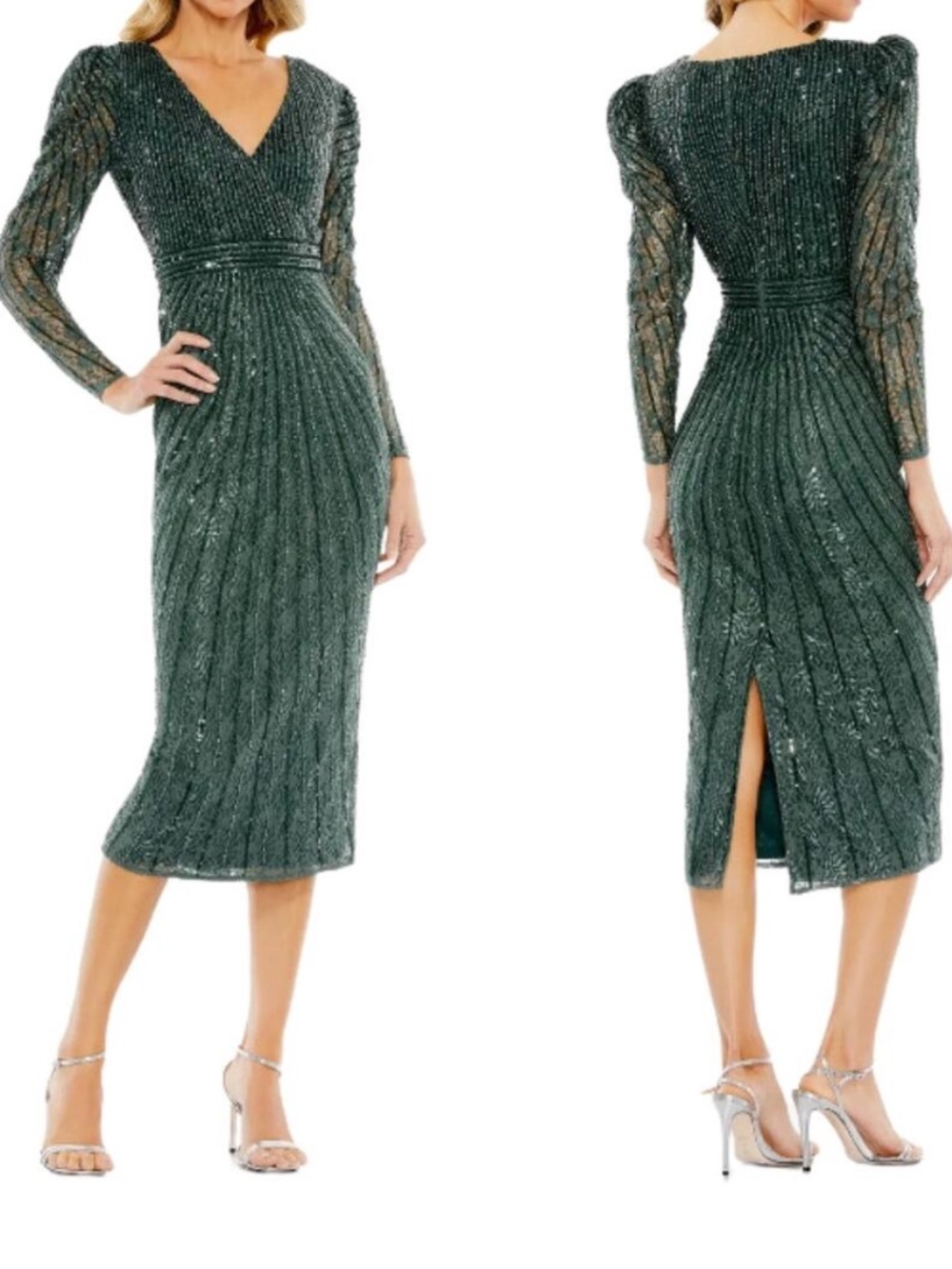 Mac Duggal Beaded Lace Deep Green Sequins V-Neck‎ Midi Dress Sz 20